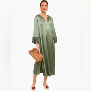 TUCKERNUCK 🏷️NWT Sage Green Satin Tunic Dress Luxe Fringe Long Sleeve Vneck S